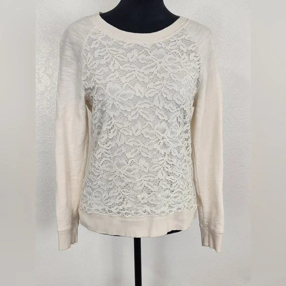 LOFT Cream Lace Front Sweater - Picture 1 of 8